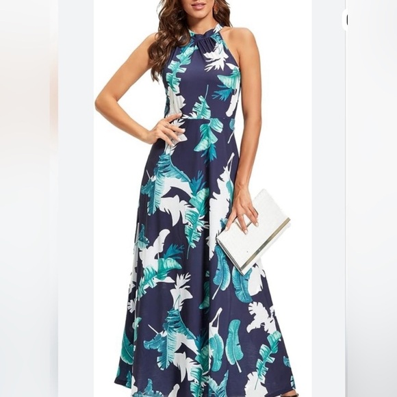 Styleword Dresses & Skirts - Elegant Blue and Green Leaf Print Maxi Dress